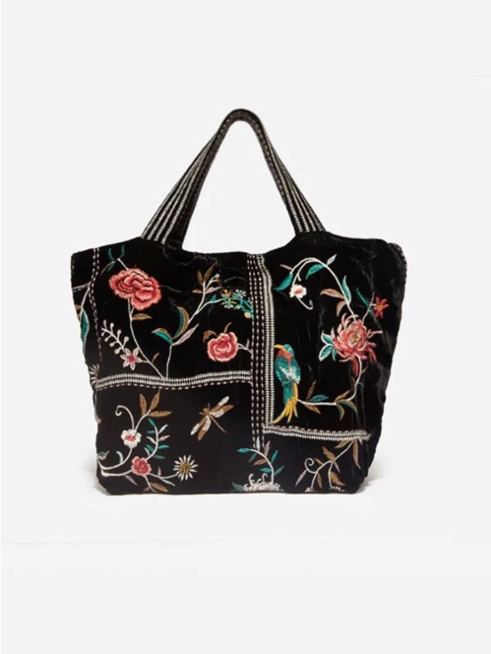 Johnny Was Velvet Embroidered Black Floral Tote Bag with Bird Detail